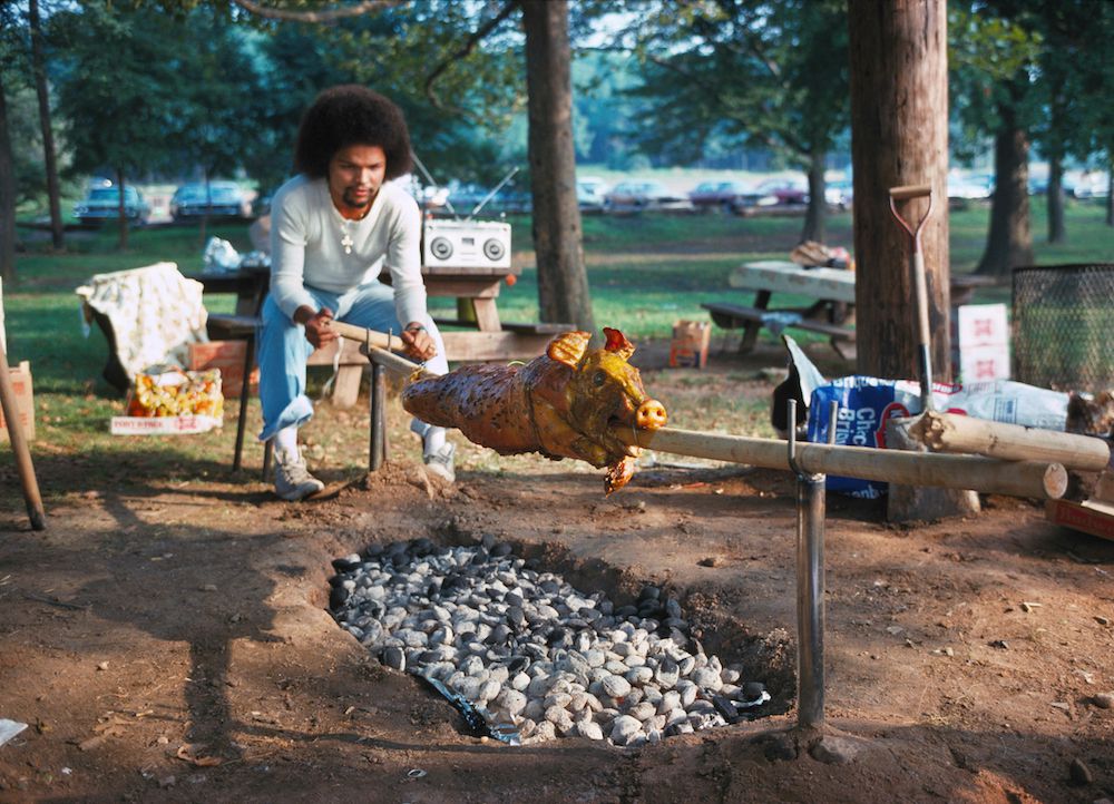 Neal Boenzi, Pig Roast, Prospect Park?, Brooklyn, 1978